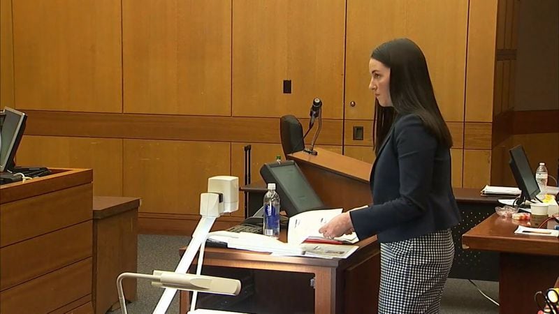 Assistant District Attorney Cara Convery examines FBI agent Chad Fitzgerald during the Tex McIver murder trial on April 10, 2018 at the Fulton County Courthouse. (Channel 2 Action News)