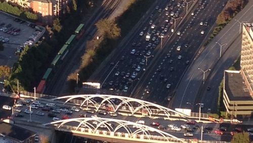The airborne view of the nearly-completed repairs on Peachree Rd., crossing I-85 in Uptown Atlanta from the WSB Skycopter. Credit: Ashley Frasca, WSB Traffic Team.