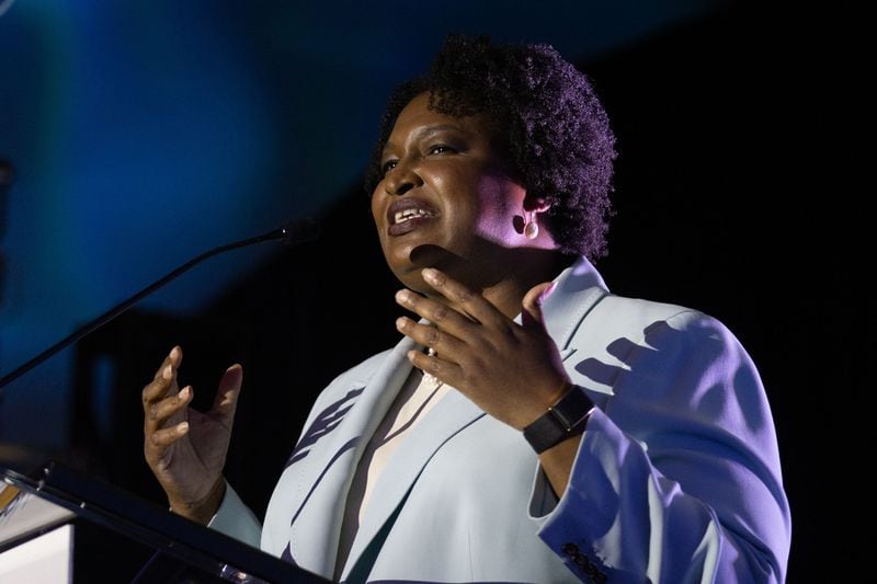 Stacey Abrams speaks at the Democratic Party of Georgia's State Convention in Columbus, Georgia, Saturday, Aug. 27, 2022. (Steve Schaefer/The Atlanta Journal-Constitution/TNS)