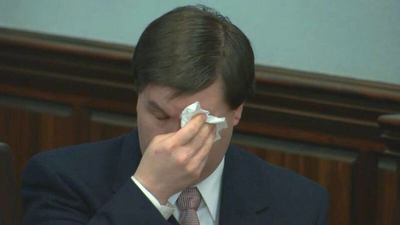 Justin Ross Harris sobs during the closing argument by his defense attorney Maddox Kilgore, during Harris' murder trial at the Glynn County Courthouse in Brunswick, Ga., on Monday, Nov. 7, 2016. (screen capture via WSB-TV)