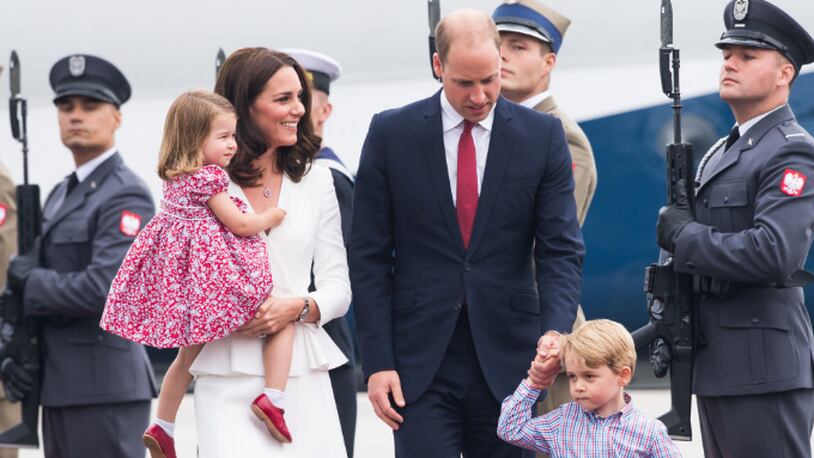 WARSAW, POLAND - JULY 17:  Prince William, Duke of Cambridge, Catherine, Duchess of Cambridge, Prince George of Cambridge, Princess Charlotte of Cambridge arrive at Warsaw airport during an official visit to Poland and Germany on July 17, 2017 in Warsaw, Poland.  (Photo by Samir Hussein/Samir Hussein/WireImage)