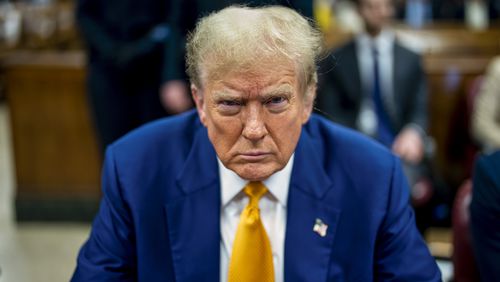 
                        Former President Donald Trump at his criminal trial in Manhattan on Thursday, May 2, 2024. Trump is accused of falsifying records to cover up a sex scandal that threatened to derail his 2016 presidential campaign and faces 34 felony counts. (Doug Mills/The New York Times)
                      