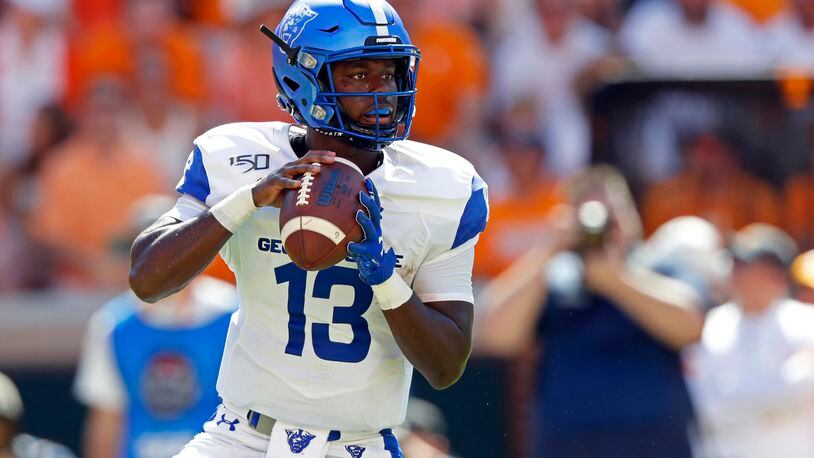 Georgia State quarterback Dan Ellington (13) looks for a receiver in the first half of an NCAA college football game against Tennessee, Saturday, Aug. 31, 2019, in Knoxville, Tenn. (AP Photo/Wade Payne)