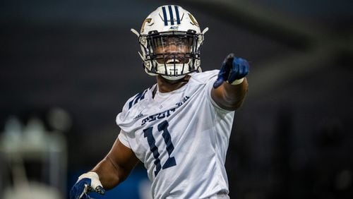 Georgia Tech defensive end Kevin Harris at the team's first spring practice on March 30, 2021. (Danny Karnik/Georgia Tech Athletics)