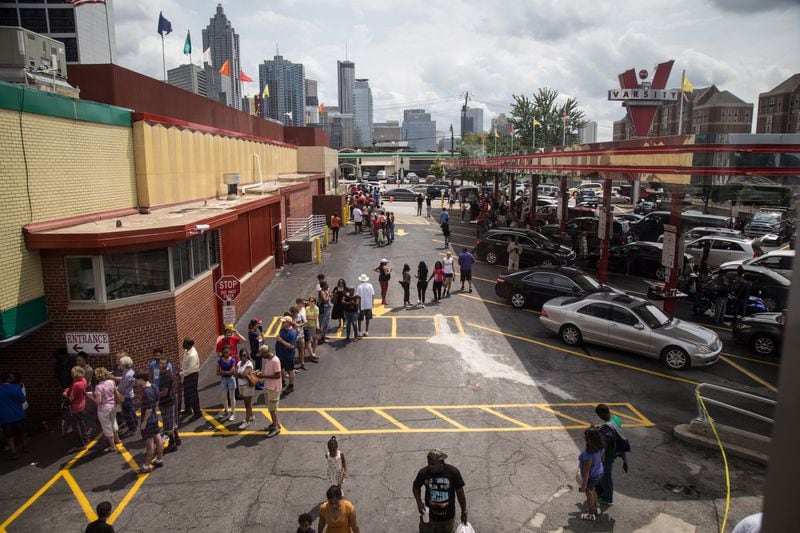 Long lines form around the Varsity during the Atlanta landmark restaurant’s 90th birthday party on Saturday, August 18, 2018. (Photo: STEVE SCHAEFER / SPECIAL TO THE AJC)