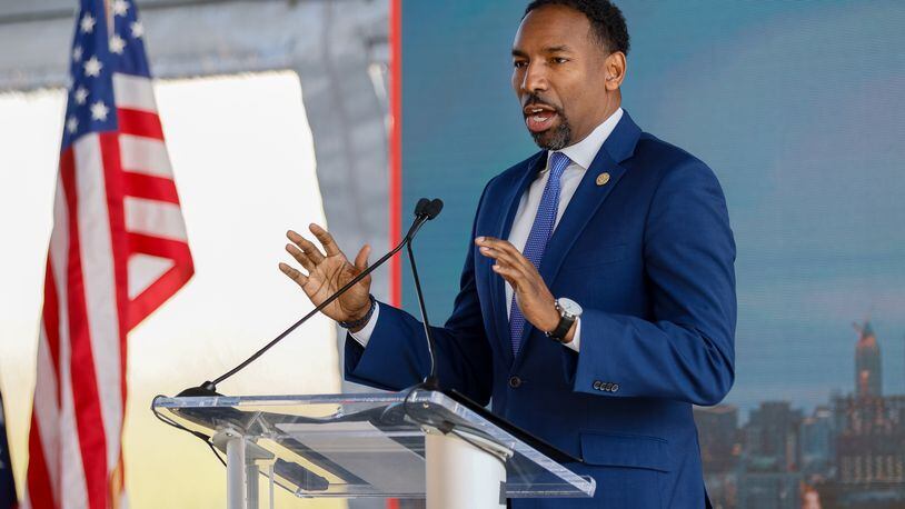 Mayor Andre Dickens speaks at a groundbreaking ceremony for the Centennial Yards Atlanta Development in Atlanta on Thursday, November 17, 2022.   (Arvin Temkar / arvin.temkar@ajc.com)
