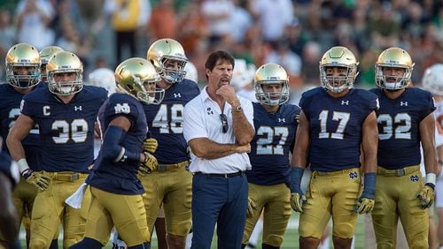 05 September 2015: Notre Dame Fighting Irish defensive coordinator Brian VanGorder stands with his players in action during a game between the Notre Dame Fighting Irish and the Texas Longhorns at Notre Dame Stadium in South Bend, IN. (Icon Sportswire via AP Images)