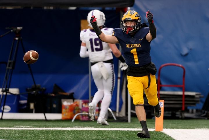 Prince Avenue Christian wide receiver Logan Johnson (1) celebrates a touchdown catch  in the first half against Trinity Christian during the Class 1A Private championship at Center Parc Stadium Monday, December 28, 2020 in Atlanta, Ga.. JASON GETZ FOR THE ATLANTA JOURNAL-CONSTITUTION