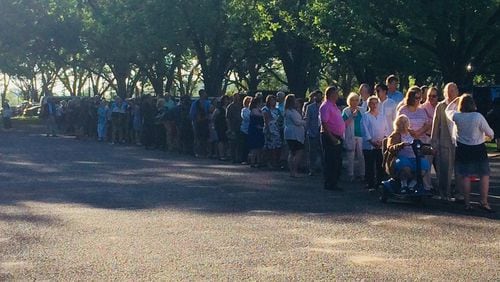 The line to get into Sunday school — with former President Jimmy Carter teaching — stretches back from Maranatha Baptist Church and winds back through and beyond the parking lot in the early morning hours of May 6, 2018. JILL VEJNOSKA / JVEJNOSKA@AJC.COM