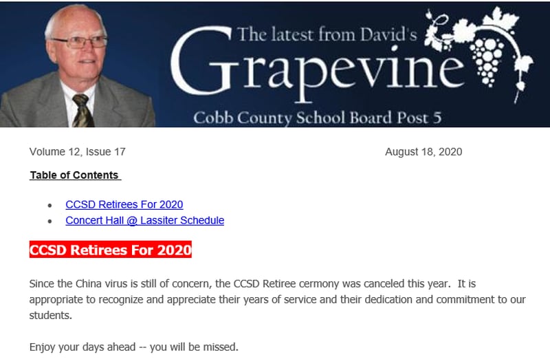 A screenshot of the campaign newsletter sent Tuesday by Cobb County School Board member David Banks.