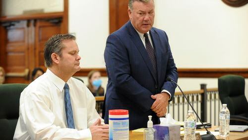 Defense attorney John Prior, right, addresses Magistrate Judge Faren Eddins about why he and Chad Daybell are not wearing masks in court during a preliminary hearing in St. Anthony, Idaho. (AP Photo, John Roark)