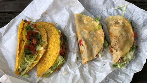 Taco Pete, and now Taco Pete Bistro in Hapeville, has always excelled at old-school tacos — like ground beef in hard shells (top) and gently griddled soft shells (see the beans and cheese and steak versions below).
Wendell Brock for The Atlanta Journal-Constitution