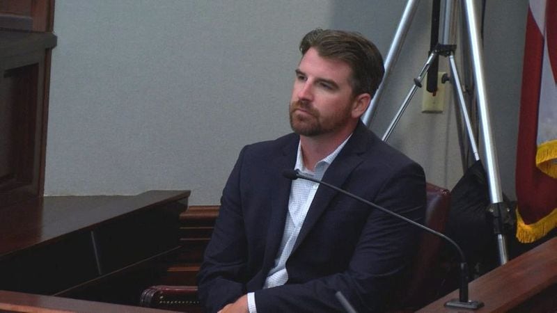 Michael Simmons, a friend of Justin Ross Harris since they met at a high school bible study, testifies at Harris' murder trial at the Glynn County Courthouse in Brunswick, Ga., on Wednesday, Nov. 2, 2016. Simmons said that he wished that he had known about Harris' problems with pornography and infidelity, and that he thinks he could have helped him. (screen capture via WSB-TV)