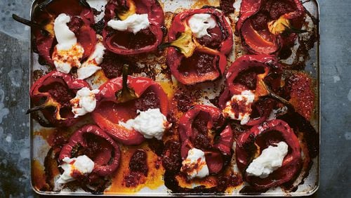 Roast Peppers with Burrata and ‘Nduja from “From the Oven to the Table” by Diana Henry (Mitchell Beazley, 2019). CONTRIBUTED BY LAURA EDWARDS