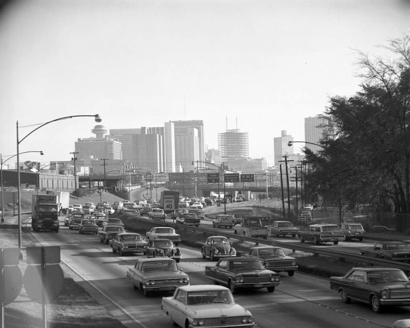 Traffic congestion on the Downtown Connector, looking southeast towards the construction of the Equitable Building between 1967 and 1968.