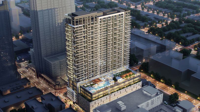 This is a rendering of Society Atlanta, a 31-story mixed-use development pitched for Midtown. It will include 460 apartments and about 98,000 square feet of commercial and office space.