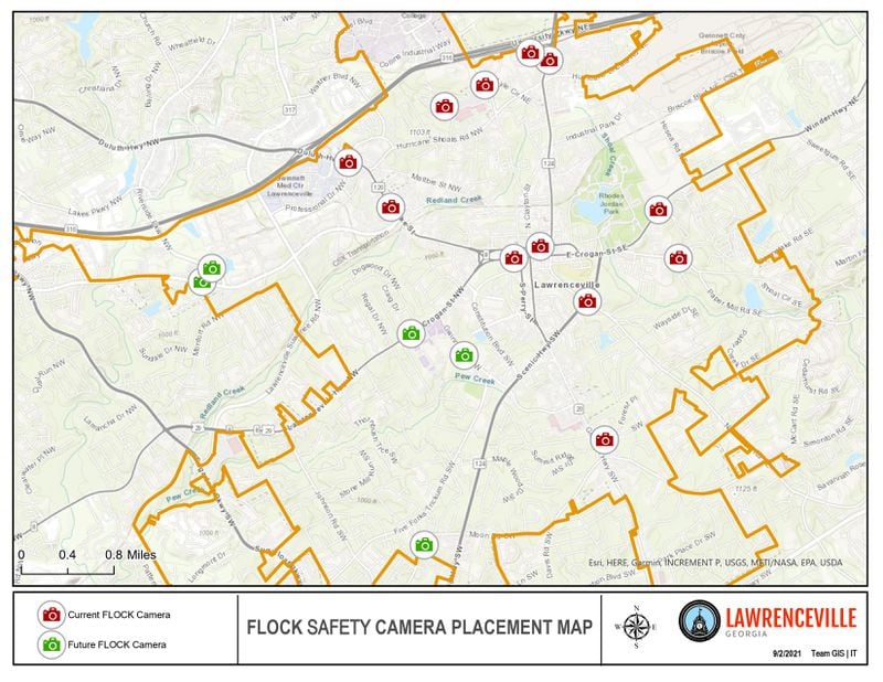 A map of the Flock cameras in Lawrenceville. The city currently uses 12 cameras and plans to install more in the future. (Courtesy City of Lawrenceville)