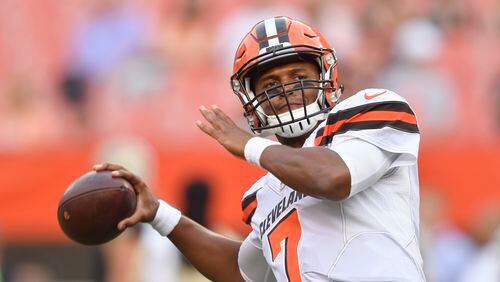 Cleveland Browns quarterback DeShone Kizer warms up prior to an NFL preseason football game against the New Orleans Saints, Thursday, Aug. 10, 2017, in Cleveland. The Browns won 20-14. (AP Photo/David Richard)