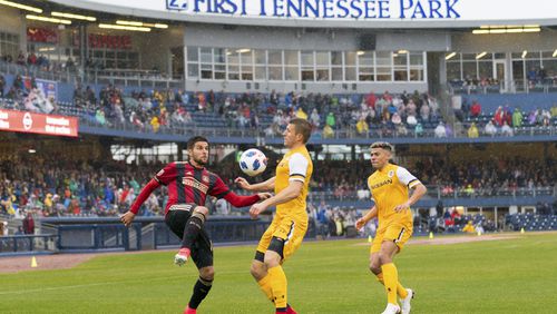 Atlanta United fullback Sal Zizzo takes on a Nashville player in Saturday's friendly at First Tennessee Park. (Eric Rossitch / Atlanta United)