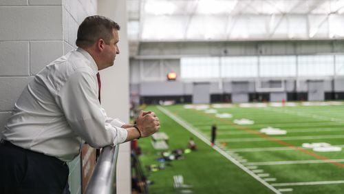 Georgia Athletic Director Josh Brooks watches a football workout in the Payne Indoor Facility on January 11, 2021. (Photo by Chamberlain Smith)
