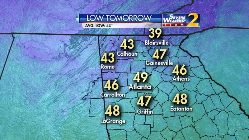 Lows are expected to drop into the 40s Tuesday morning. (Credit: Channel 2 Action News)