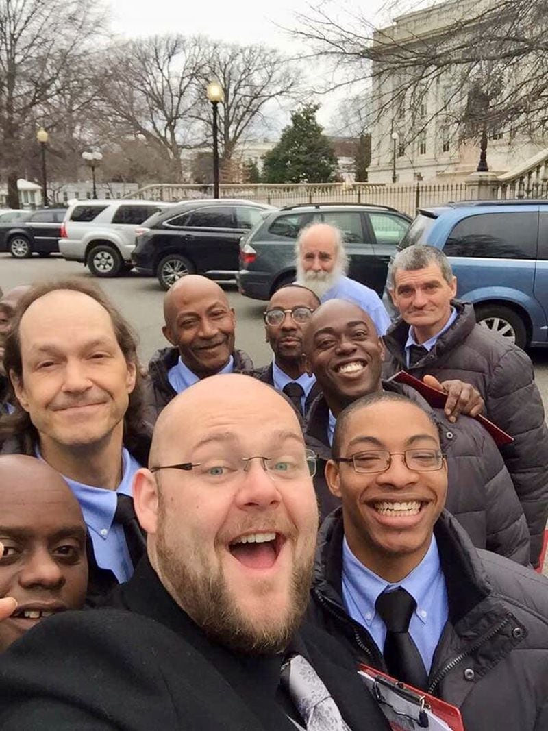 In December 2015, Donal Noonan (front), who heads the Atlanta Homeward Choir, shot this selfie when the group went to sing at the White House. That’s Ricky Bradfield on the left.