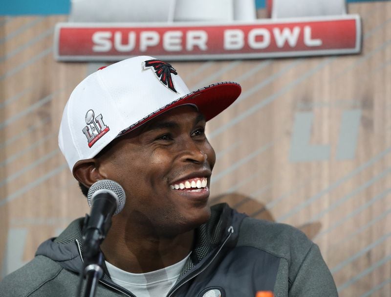  January 30, 2017, Houston: Julio Jones is all smiles taking questions during Super Bowl Opening Night on Monday, Jan. 30, 2017, at Minute Maid Park in Houston. Curtis Compton/ccompton@ajc.com