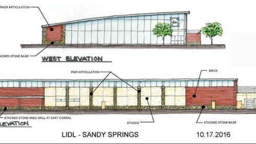 Architect’s drawings identify Lidl as the grocer proposed for the North River Shopping Center in Sandy Springs. The grocer has pulled out of the project. CITY OF SANDY SPRINGS