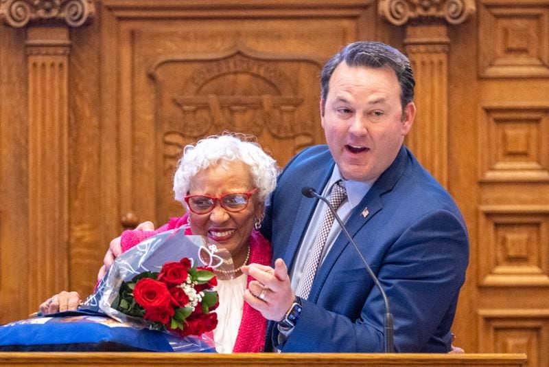State Sen. Gloria Butler, D-Stone Mountain, and Lt. Gov. Burt Jones share a warm moment following the farewell speech Butler delivered on Thursday at the Capitol in Atlanta.