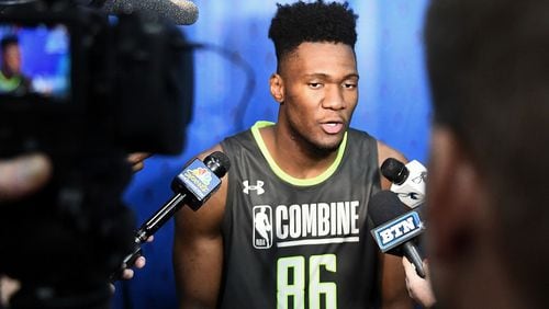 Bruno Fernando speaks with the media during the NBA Draft Combine at Quest MultiSport Complex on May 16, 2019 in Chicago. (Photo by Stacy Revere/Getty Images)