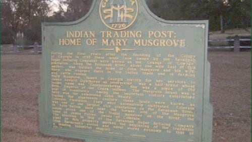 Historic marker honoring Mary Musgrove, a Creek liaison and trader around Savannah. Photo credit to Carl Vinson Institute of Government