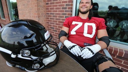 May 30, 2018 Flowery Branch: Atlanta Falcons offensive lineman Jake Matthews is all smiles during an interview after organized team activity on Wednesday, May 30, 2018, in Flowery Branch.  Curtis Compton/ccompton@ajc.com