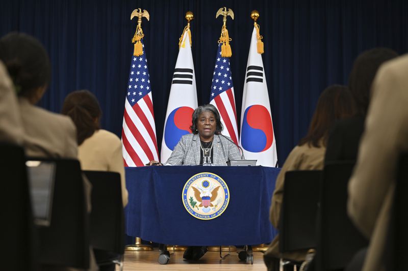 U.S. Ambassador to the United Nations Linda Thomas-Greenfield speaks during a press conference at the American Diplomacy House in Seoul Wednesday, April 17, 2024. (Jung Yeon-je/Pool Photo via AP)