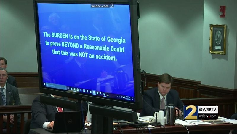 Defense attorney Maddox Kilgore reminds the jury of the burden of proof, during his closing argument in the murder trial of Justin Ross Harris at the Glynn County Courthouse in Brunswick, Ga., on Monday, Nov. 7, 2016. (screen capture via WSB-TV)