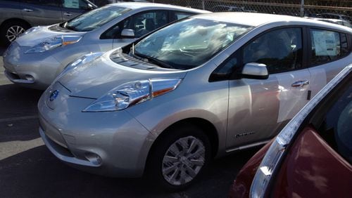 Nissan Leafs on the lot: 2015 models have a distinctive nose.