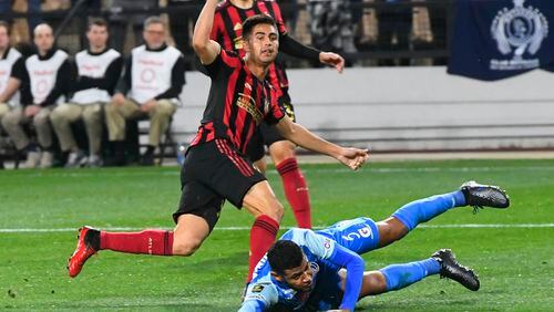 Atlanta United’s Gonzalo Martinez kicks a goal against Motagua FC. (John Amis, Atlanta Journal Constitution)