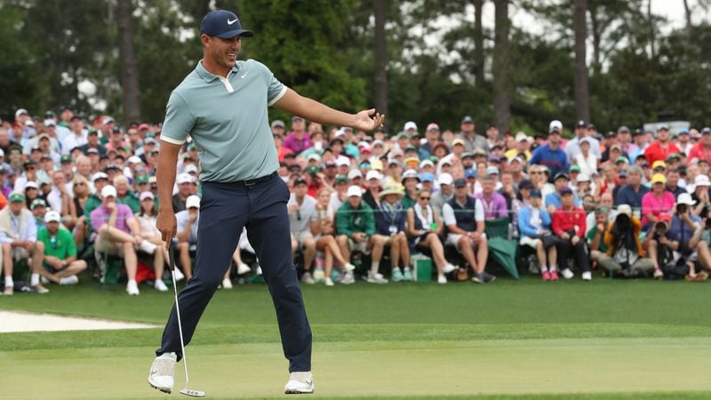 Brooks Koepka reacts after missing his putt on the 18th green during the final round of the Masters Sunday, April 14, 2019, at Augusta National Golf Club in Augusta.