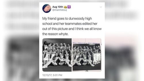 The tweet, since deleted, shows two versions of the same photo of Dunwoody High School cheerleaders. In one, a black cheerleader is missing.