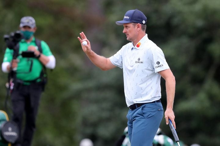 April 8, 2021, Augusta: Justin Rose reacts to his birdie shot on the seventeenth hole to go seven under during the first round of the Masters at Augusta National Golf Club on Thursday, April 8, 2021, in Augusta. Curtis Compton/ccompton@ajc.com