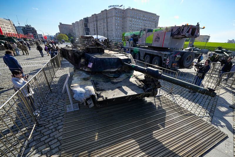 A U.S. made M1A1 Abrams tank hit and captured by Russian troops during the fighting in Ukraine is seen on display in Moscow, on Wednesday, May 1, 2024. An exhibition of military equipment captured from Kyiv forces during the fighting in Ukraine has opened in the Russian capital. (AP Photo/Alexander Zemlianichenko)