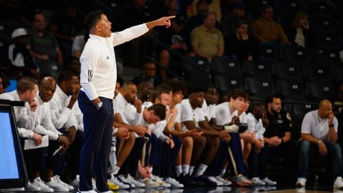 New Georgia Tech coach Damon Stoudamire gives direction from the sideline during the Georgia Southern at Georgia Tech basketball game, November 6, 2023, (Jamie Spaar for The Atlanta Journal-Constitution)