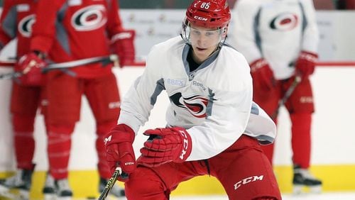 Josh Wilkins moves the puck during the Carolina Hurricanes' prospect camp at PNC Arena in Raleigh, N.C., on July 6, 2016. Wilkins is one of many NHL prospects that North Carolina has been producing in the wake of the Hurricanes' arrival in Raleigh. (Chris Seward/Raleigh News & Observer/TNS)