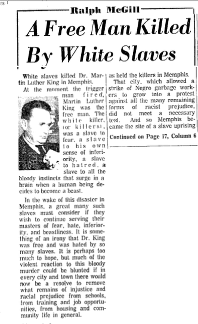 Ralph McGill's newspaper column from The Atlanta Constitution on April 5, 1968, the day after the killing of Martin Luther King Jr. (AJC archives)