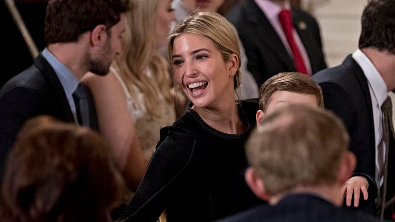 WASHINGTON, DC - JANUARY 22: Ivanka Trump, daughter of Republican Presidential Nominee Donald Trump, attends a swearing in ceremony of White House senior staff in the East Room of the White House on January 22, 2017 in Washington, DC. Trump today mocked protesters who gathered for large demonstrations across the U.S. and the world on Saturday to signal discontent with his leadership, but later offered a more conciliatory tone, saying he recognized such marches as a "hallmark of our democracy." (Photo by Andrew Harrer-Pool/Getty Images)