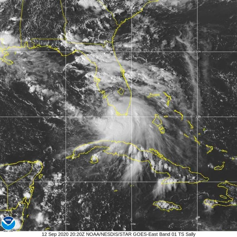 This Saturday, Sept. 12, 2020 image provided by NOAA shows the formation of Tropical Storm Sally. Tropical Storm Sally has formed off South Florida, becoming the earliest 18th-named tropical storm on record in a busy Atlantic hurricane season. (NOAA via AP)