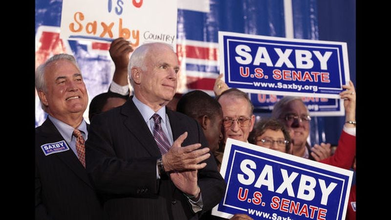 Republican U.S. Sen. John McCain attended a campaign rally in Atlanta for U.S. Sen. Saxby Chambliss on Nov. 13, 2008, just days after he lost to Barack Obama in that year's presidential race. Chambliss was unable to win a majority of the vote that November, but the Republican went on to win reelection in a runoff the next month. (Photo by Dave Martin/Getty Images)