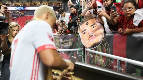 September 13, 2017 Atlanta. A Atlanta United watched Atlanta United forward Josef Martinez nailing the golden spike after he was named best player of the match after scoring three goals against the New England Revolution at Mercedes-Benz stadium.