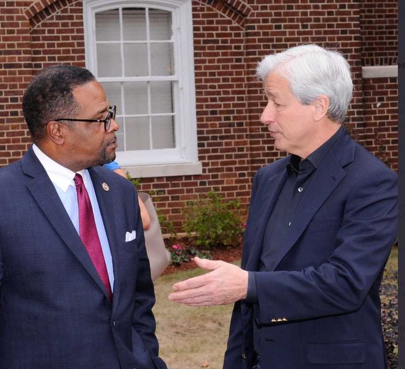 Clark Atlanta University President George T. French speaks with JPMorgan Chase CEO Jamie Dimon during the business leader's recent visit to the Atlanta University Center. PHOTO CREDIT: CAU.