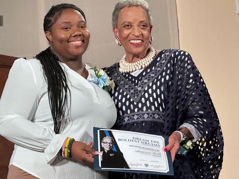Amarea Wells (left), the first recipient of the Dream The Boldest Dreams scholarship honoring former Spelman President Johnnetta Betsch Cole, and Cole. Julie Yarbrough Photography