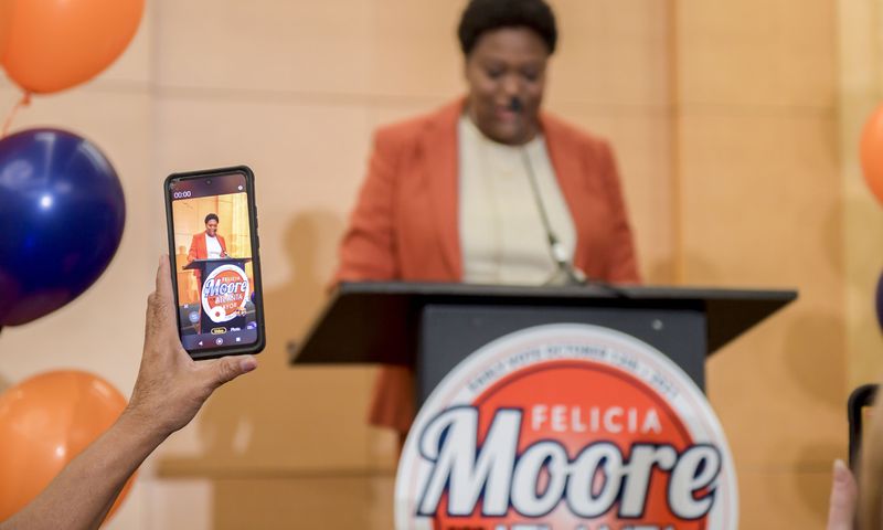 Atlanta mayoral candidate Felicia Moore addresses supporters on election night. (Daniel Varnado/ For the Atlanta Journal-Constitution)
